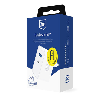 Caricatore da rete 3MK FlowPower, 45W, 1 x USB-A - 1 x USB-C, Bianco