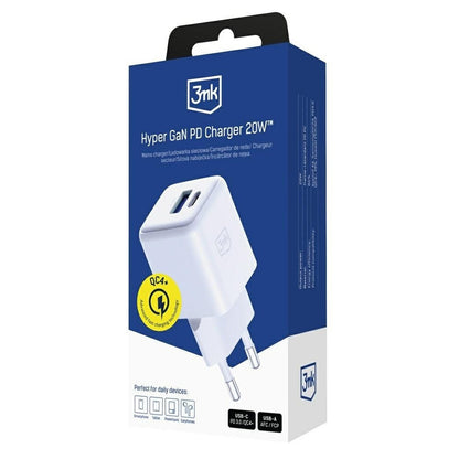 Caricabatterie Retea 3MK Hyper, 20W, 3A, 1 x USB-A - 1 x USB-C, Bianco