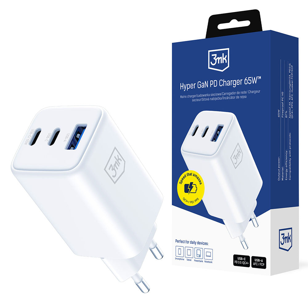 Caricabatterie Retea 3MK Hyper, 65W, 3.25A, 1 x USB-A - 2 x USB-C, Bianco