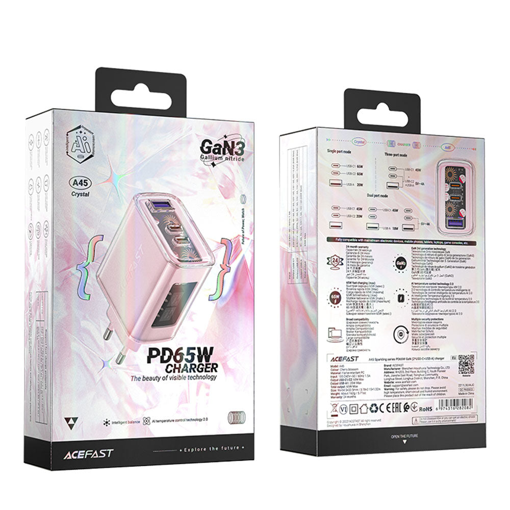 Acefast A45 Exploration Network Charger, 65W, 3.25A, 1 x USB-A - 2 x USB-C, Pink