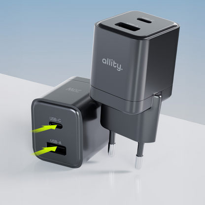 Allity Network Charger. ATC-01-30WAC Mini, 30W, 3A, 1 x USB-A - 1 x USB-C, Black