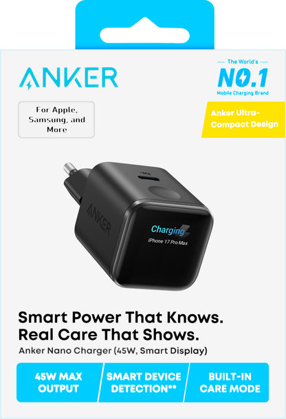 Caricatore da rete Anker Nano Display, 45W, 3A, 1 x USB-C, Nero A121DG11