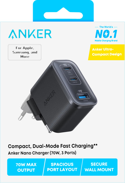 Caricabatterie Rete Anker Nano, 70W, 3.5A, 1 x USB-A - 2 x USB-C, Nero A121AL11