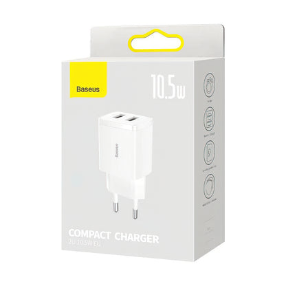 Baseus Compact Network Charger, 10.5W, 2.1A, 2 x USB-A, White CCXJ010202