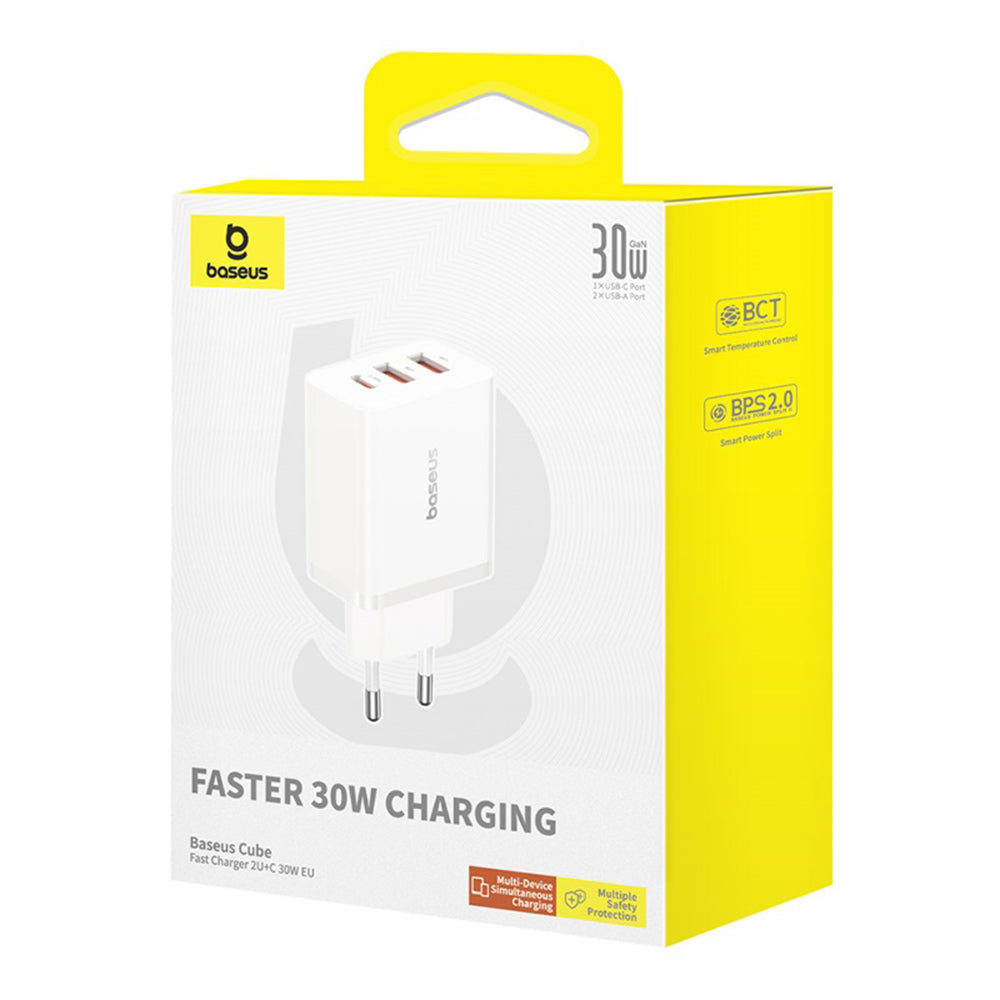 Caricabatterie Retea Baseus Cube, 30W, 3A, 2 x USB-A - 1 x USB-C, Bianco P10111402213-00