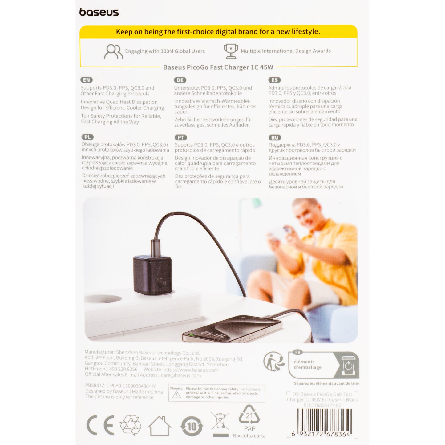 Caricabatterie da Rete Baseus PicoGo, 45W, 3A, 1 x USB-C, Nero P10176800123-00