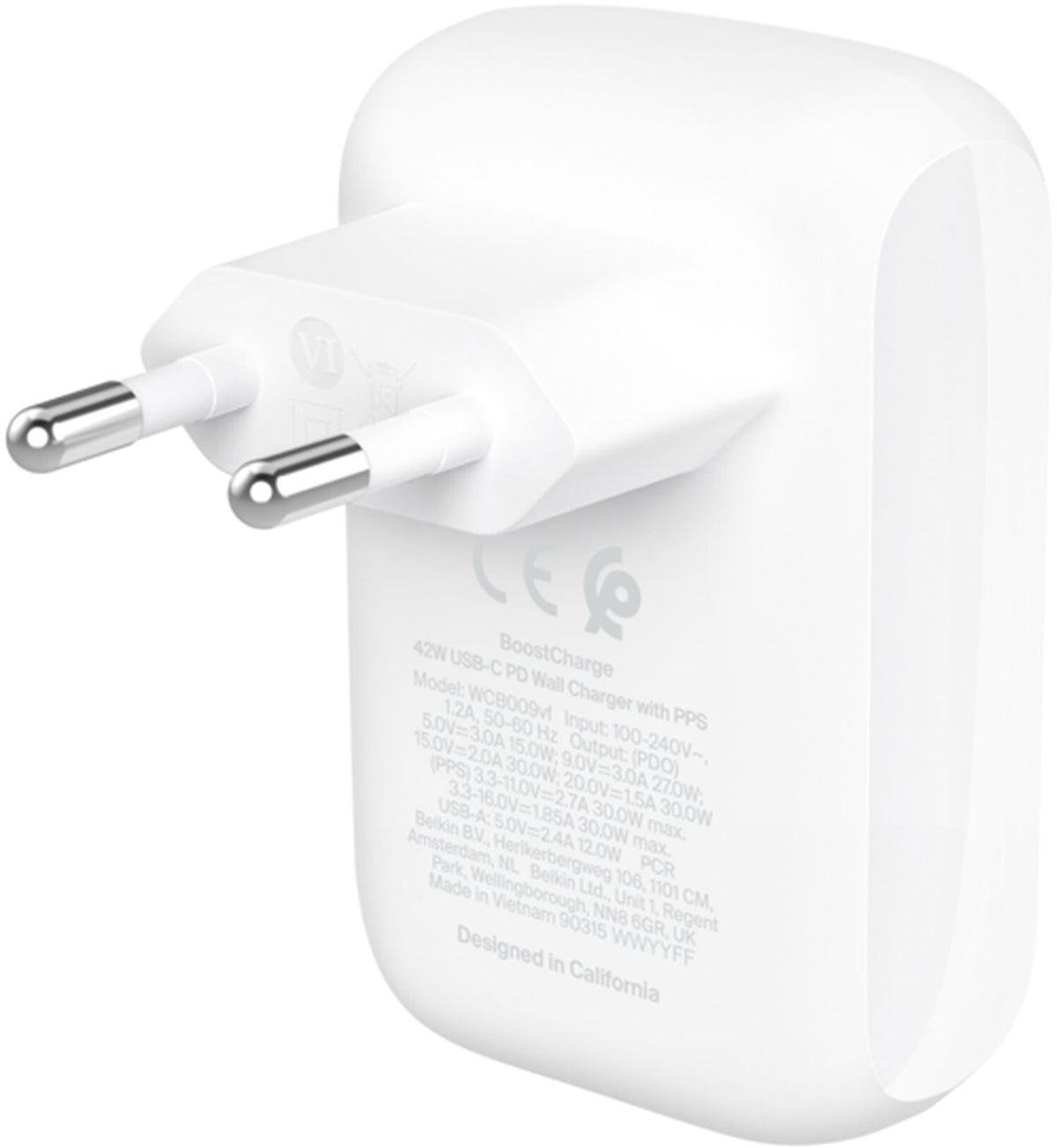 Belkin BoostCharge Dual Wall Charger, 42W, 3A, 1 x USB-A - 1 x USB-C, White WCB009vfWH