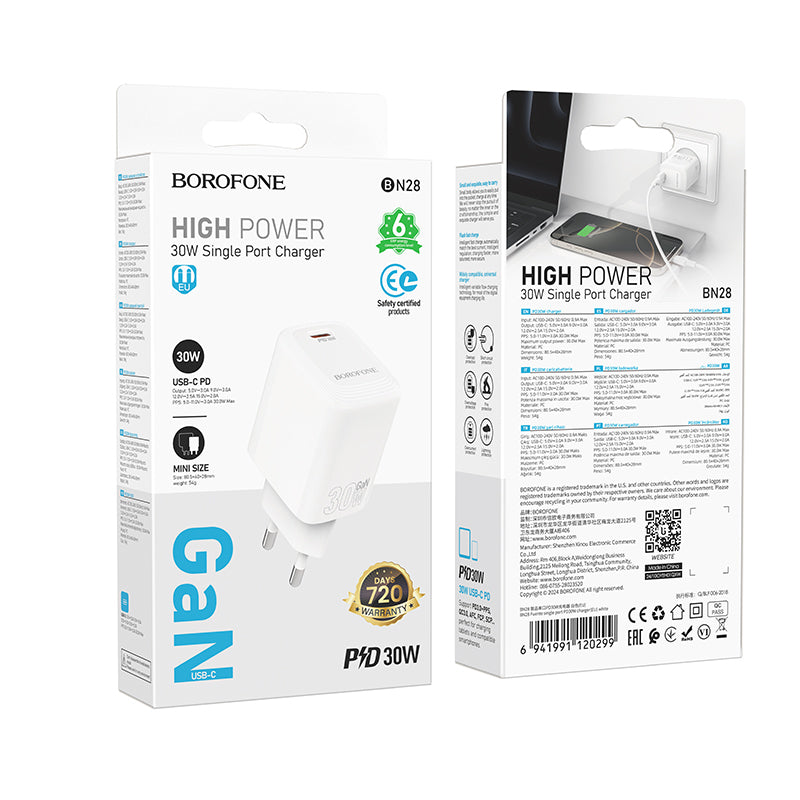 Caricabatterie Retea Borofone BN28 Fuente, 30W, 3A, 1 x USB-C, Bianco