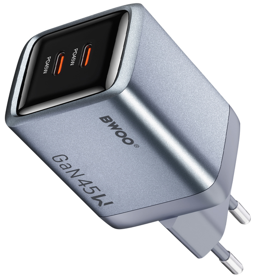 Caricatore da rete BWOO BO-CDA239, 45W, 3A, 2 x USB-C, Grigio