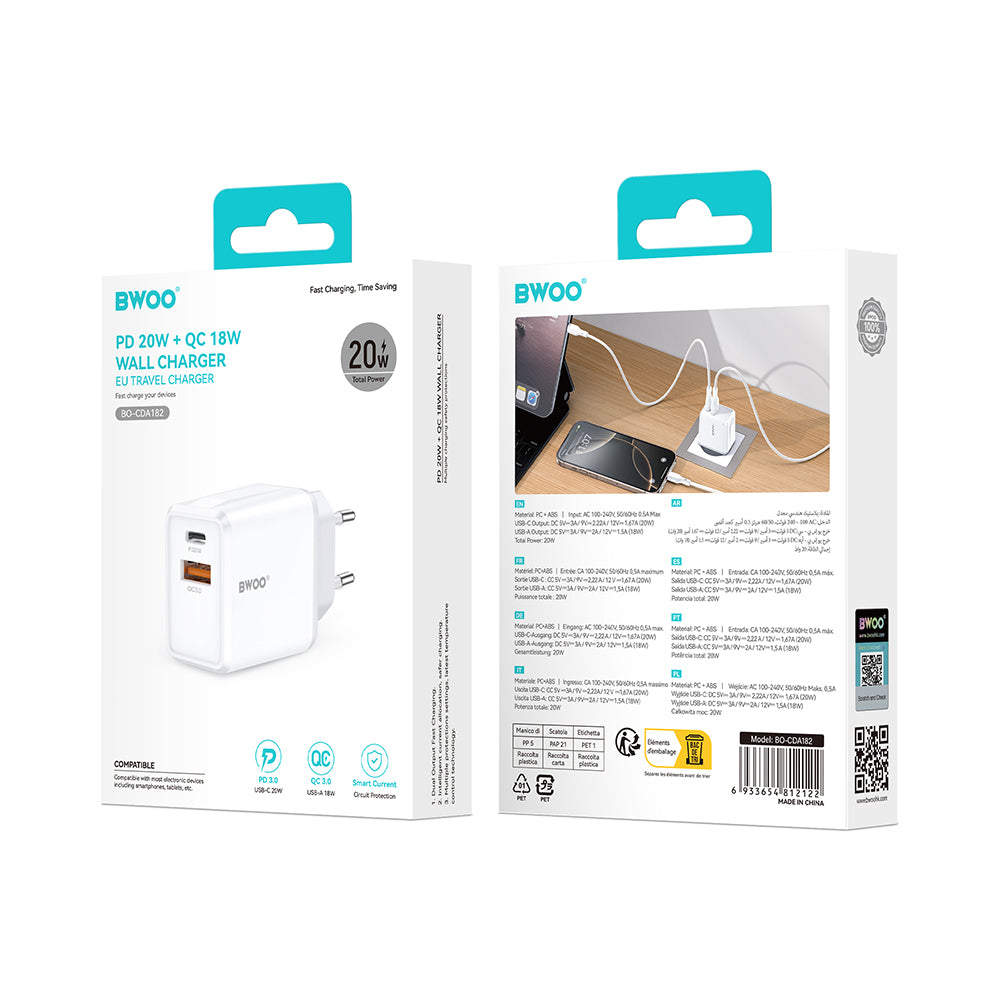 Caricabatterie Retea BWOO CDA182, 38W, 3A, 1 x USB-A - 1 x USB-C, Bianco