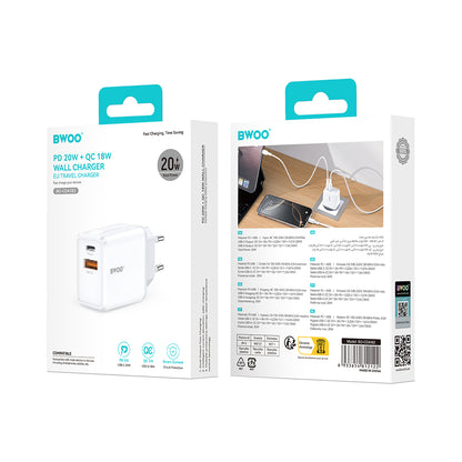 Caricabatterie Retea BWOO CDA182, 38W, 3A, 1 x USB-A - 1 x USB-C, Bianco