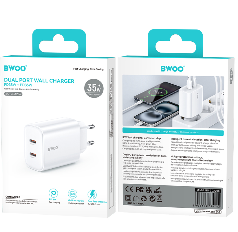 Caricatore da rete BWOO CDA206, 35W, 3A, 2 x USB-C, Bianco