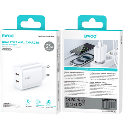 Caricatore da rete BWOO CDA206, 35W, 3A, 2 x USB-C, Bianco