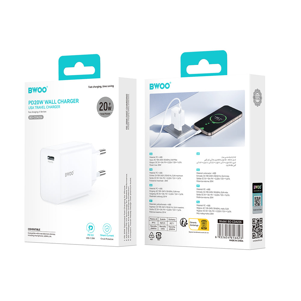Caricabatterie Rete BWOO CDA226, 20W, 3A, 1 x USB-C, Bianco