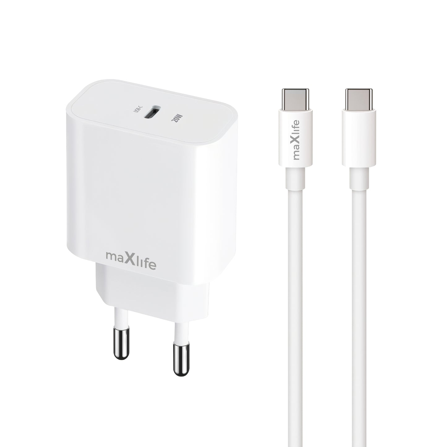 Caricatore da Rete con Cavo USB-C MaXlife MXTC-06-20C, 20W, 3A, 1 x USB-C, Bianco
