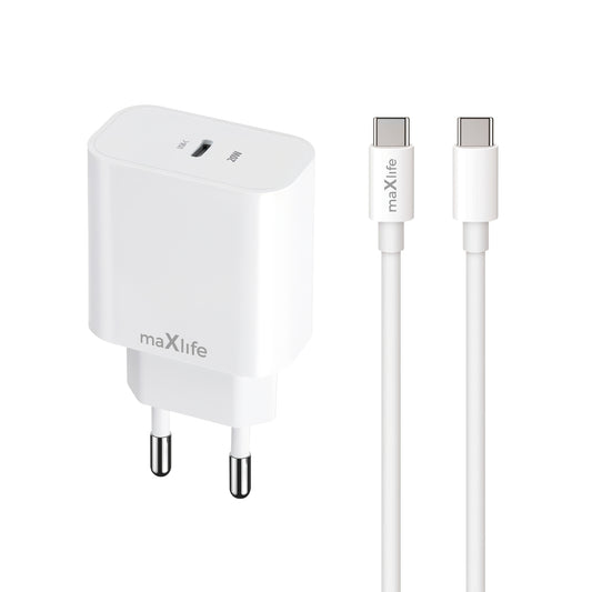 Caricatore da Rete con Cavo USB-C MaXlife MXTC-06-20C, 20W, 3A, 1 x USB-C, Bianco