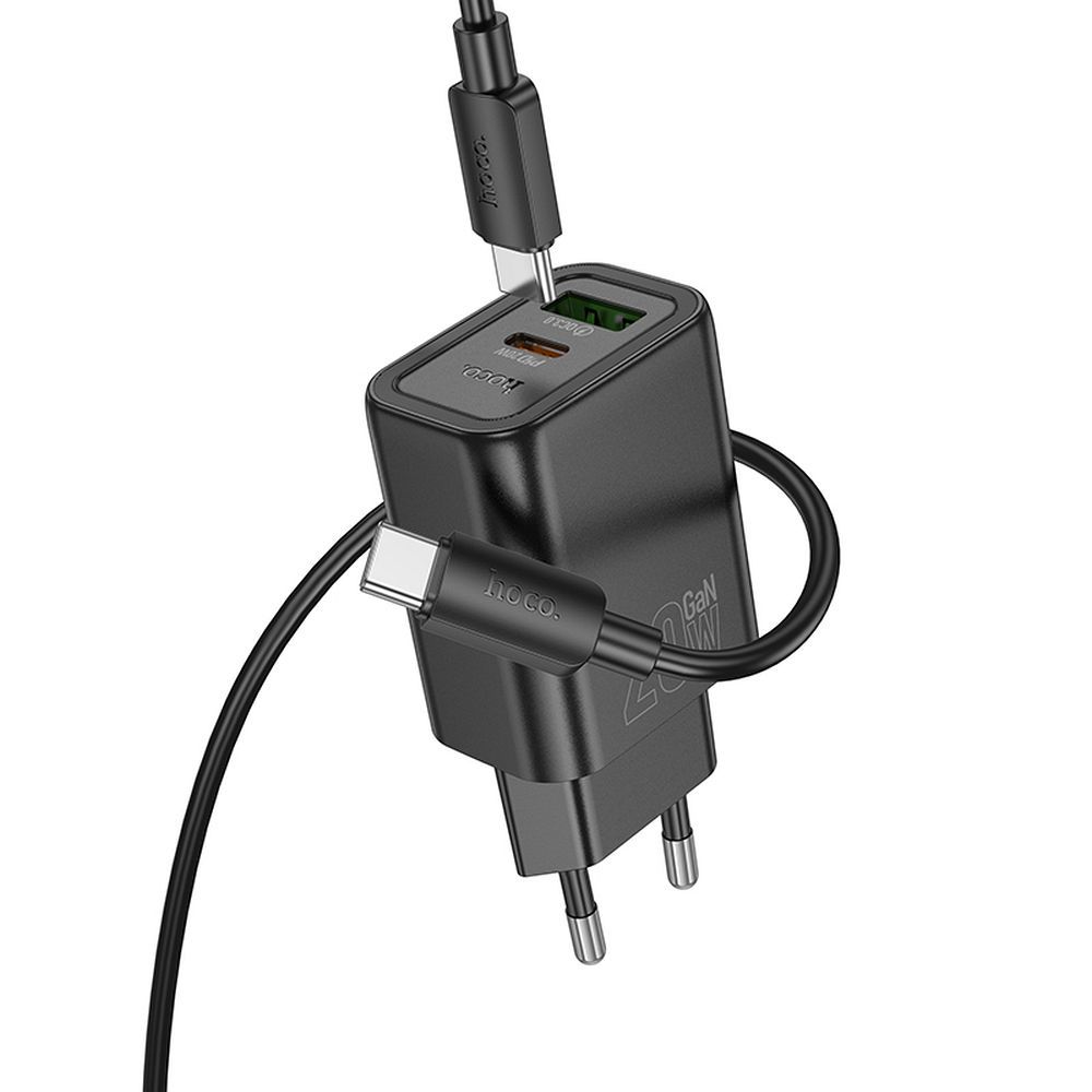 Caricabatterie da rete con cavo Lightning HOCO N61, 20W, 3A, 1 x USB-A - 1 x USB-C, Nero