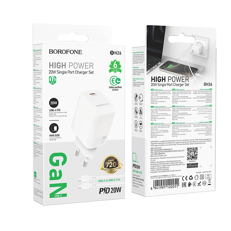 Network Charger with USB-C Cable Borofone BN26 Fuente, 20W, 3A, 1 x USB-C, White