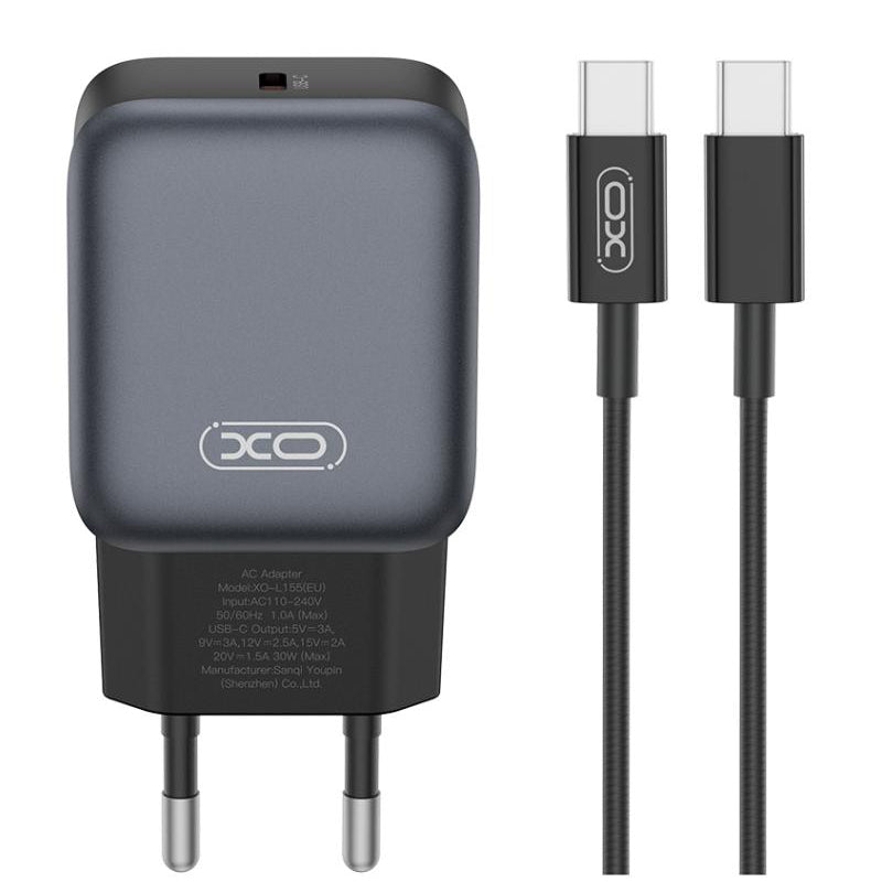 Caricabatterie da Rete con Cavo USB-C XO Design L155, 30W, 3A, 1 x USB-C, Nero