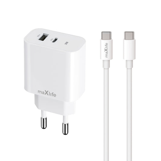 Caricabatterie da Rete con Cavo USB-C MaXlife MXTC-06-20AC, 20W, 3A, 1 x USB-A - 1 x USB-C, Bianco