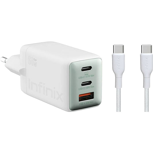 Caricabatterie da Rete con Cavo USB-C Infinix XC07868EU + XDC95, 68W, 6.2A, 1 x USB-A - 2 x USB-C, Bianco