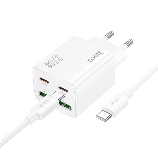 Caricabatterie da Rete con Cavo USB-C HOCO N56, 30W, 3A, 2 x USB-A - 2 x USB-C, Bianco