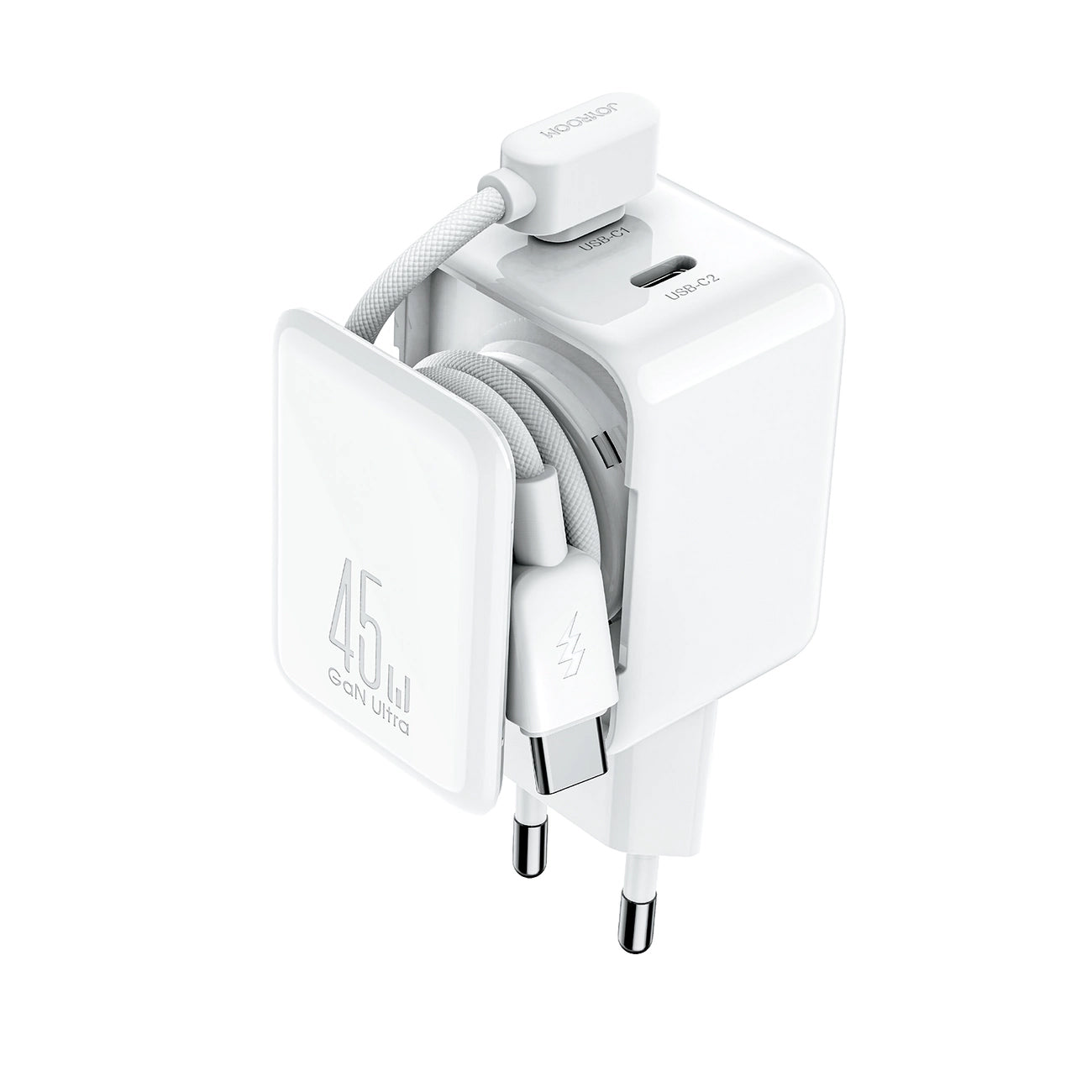 Caricabatterie Rete con Cavo USB-C Joyroom JR-TCL05, 45W, 3A, 2 x USB-C, Bianco