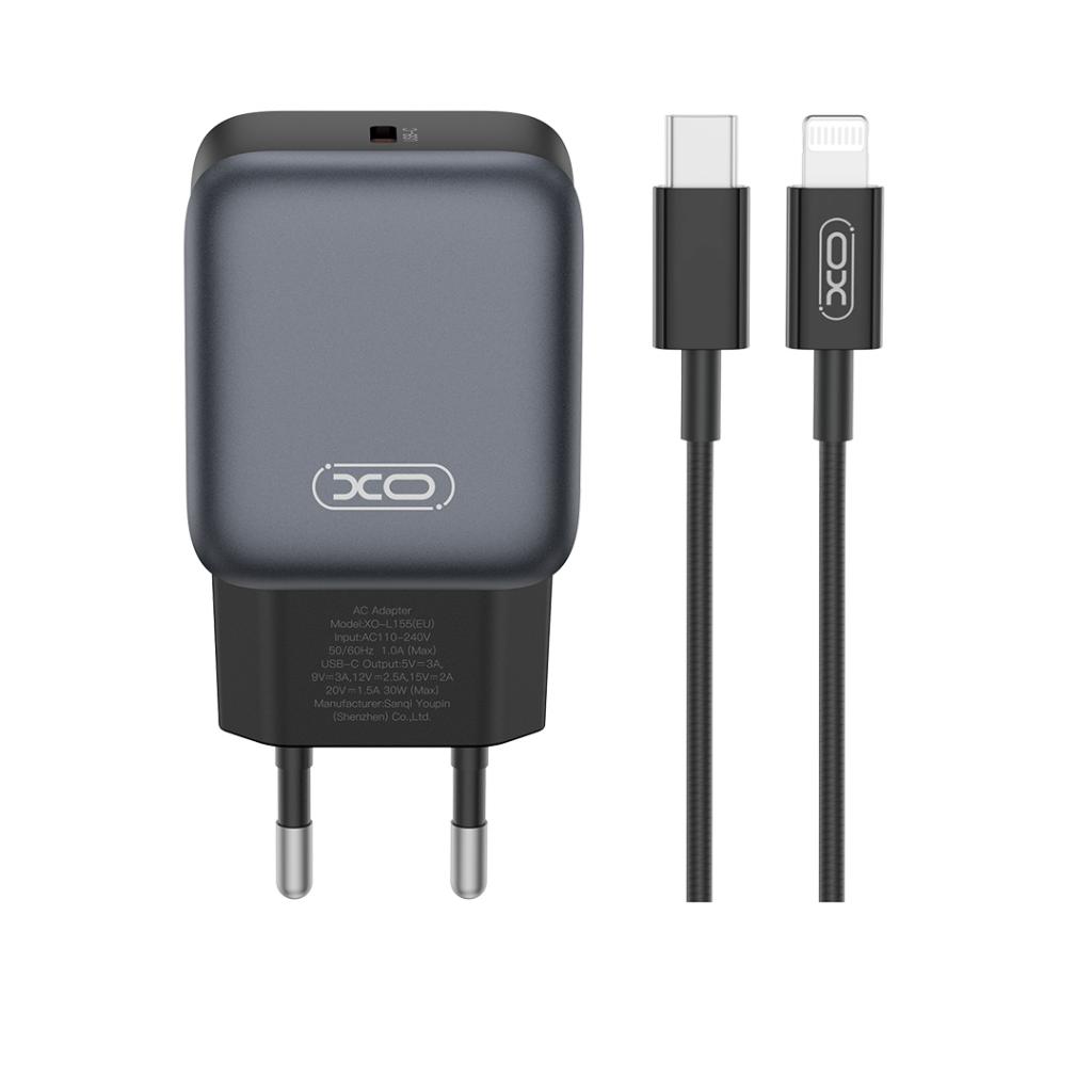 Caricabatterie da rete con cavo Lightning XO Design L155, 30W, 3A, 1 x USB-C, Nero