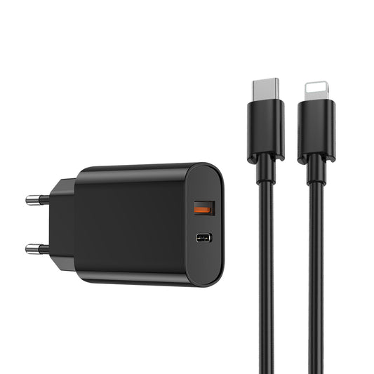 Caricabatterie da Rete con Cavo Lightning WiWu Wi-U002, 20W, 3A, 1 x USB-A - 1 x USB-C, Nero