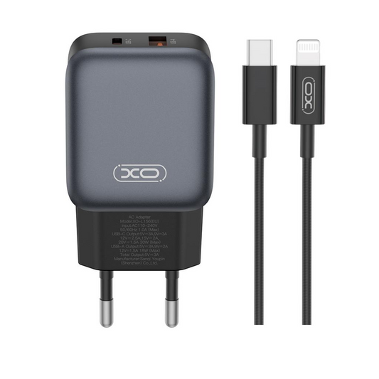 Caricabatterie da rete con cavo Lightning XO Design L156, 30W, 3A, 1 x USB-A - 1 x USB-C, Nero