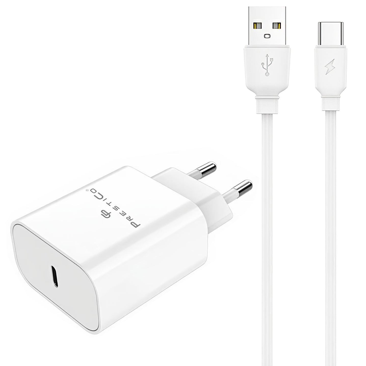 Caricabatterie da rete con cavo USB-C Prestico F15S-C, 30W, 3A, 1 x USB-C, Bianco