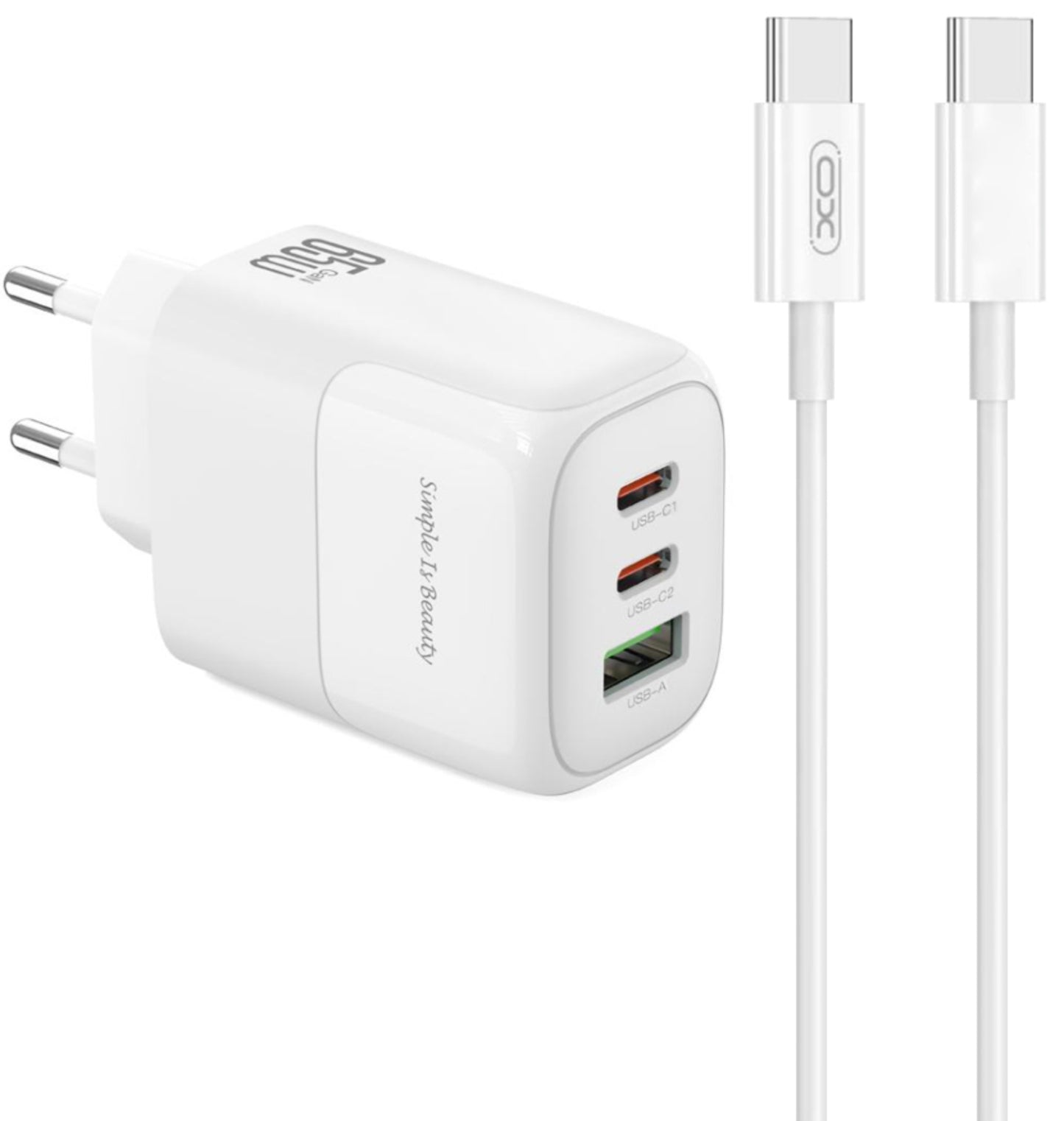 Caricabatterie da Rete con Cavo USB-C XO Design L139, 65W, 4.5A, 1 x USB-A - 2 x USB-C, Bianco