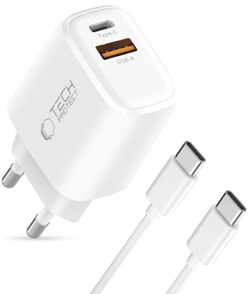 Caricabatterie Rete con Cavo USB-C Tech-Protect NCA45W, 45W, 3A, 1 x USB-A - 1 x USB-C, Bianco