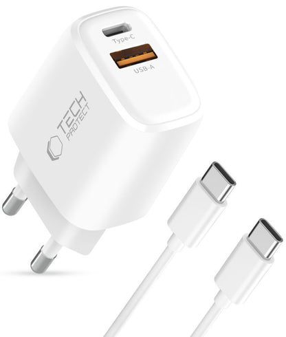 Caricabatterie Rete con Cavo USB-C Tech-Protect NCA45W, 45W, 3A, 1 x USB-A - 1 x USB-C, Bianco