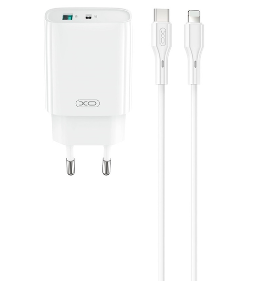 Caricabatterie da Rete con Cavo Lightning XO Design CE30, 30W, 3A, 1 x USB-A - 1 x USB-C, Bianco