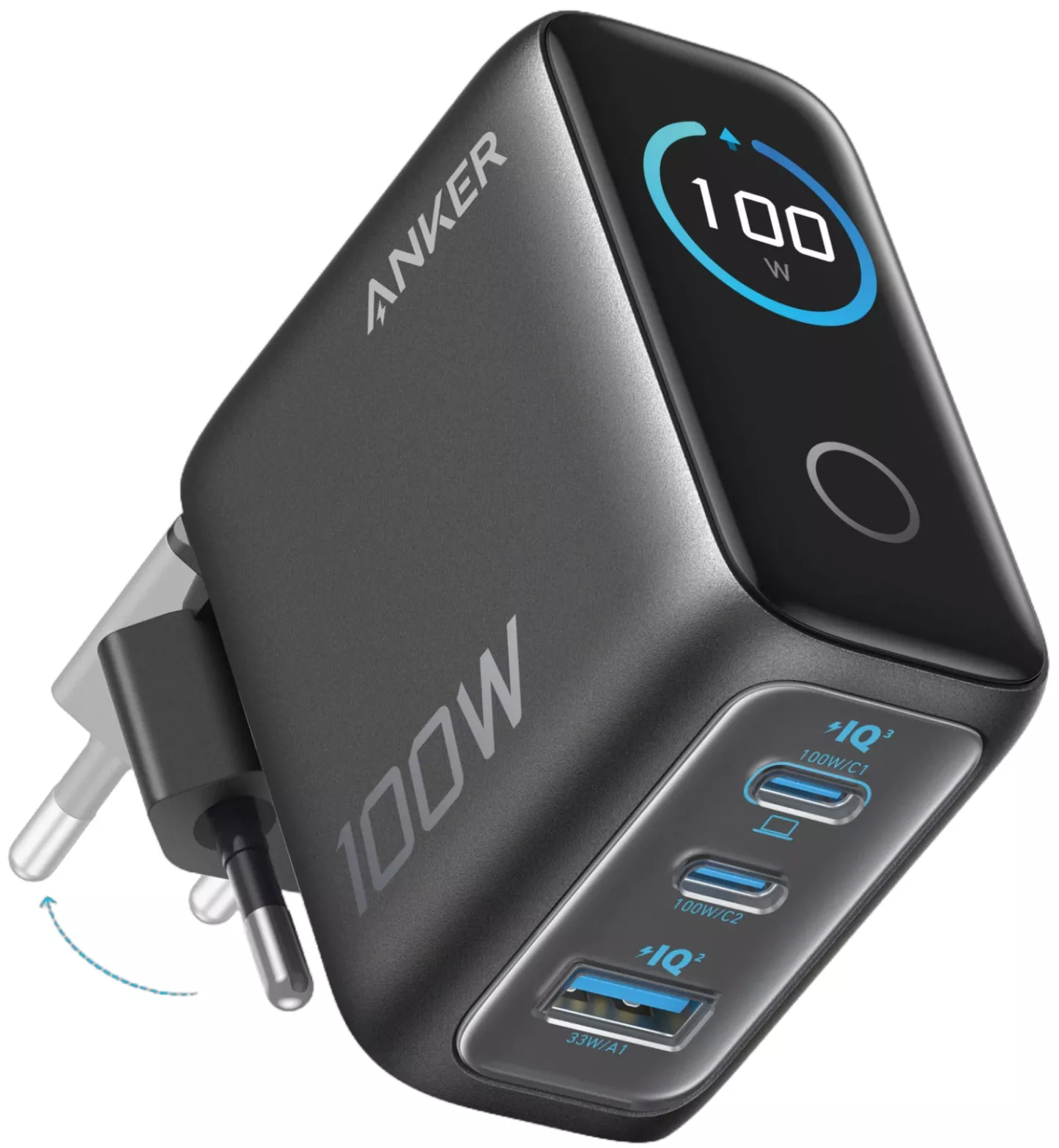 Caricabatterie Rete con Cavo USB-C Anker Smart Display, 100W, 5A, 1 x USB-A - 2 x USB-C, Grigio B121BGZ1