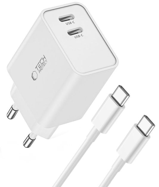 Caricatore di Rete con Cavo USB-C Tech-Protect C35W, 35W, 3A, 2 x USB-C, Bianco
