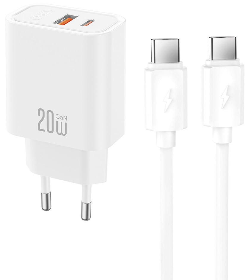 Caricatore da rete con cavo USB-C XO Design CE40, 20W, 3A, 1 x USB-A - 1 x USB-C, Bianco