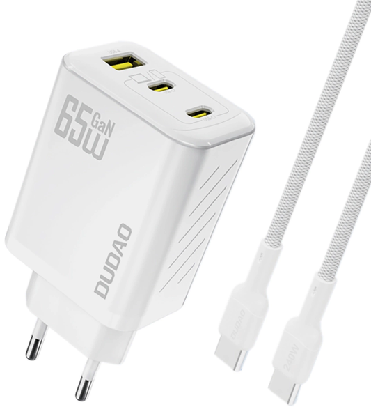Caricatore da Rete con Cavo USB-C Dudao A29C, 65W, 3.25A, 1 x USB-A - 2 x USB-C, Bianco