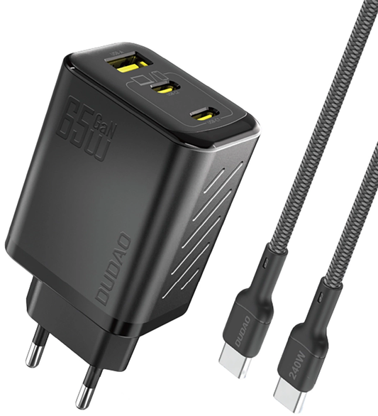 Caricatore da Rete con Cavo USB-C Dudao A29C, 65W, 3.25A, 1 x USB-A - 2 x USB-C, Nero