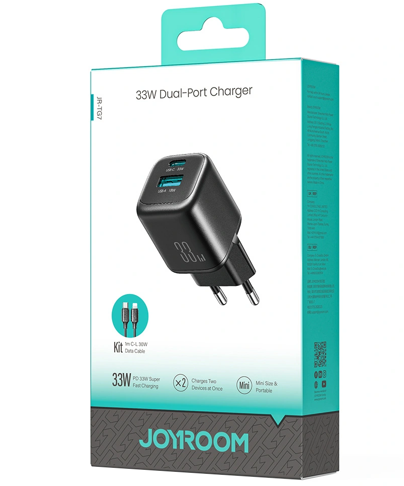 Caricabatterie Retea Con Cavo Lightning Joyroom JR-TG7, 33W, 3A, 1 x USB-A - 1 x USB-C, Nero