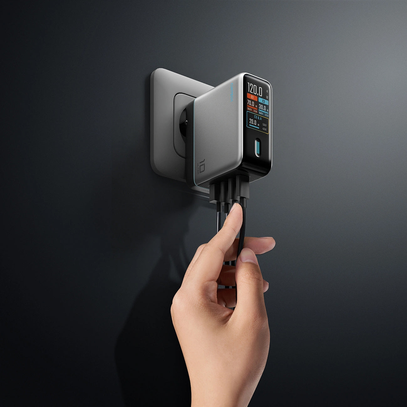 Caricatore da rete con cavo USB-C Cuktech AD1204U Display, 120W, 6A, 1 x USB-A - 2 x USB-C, Argento