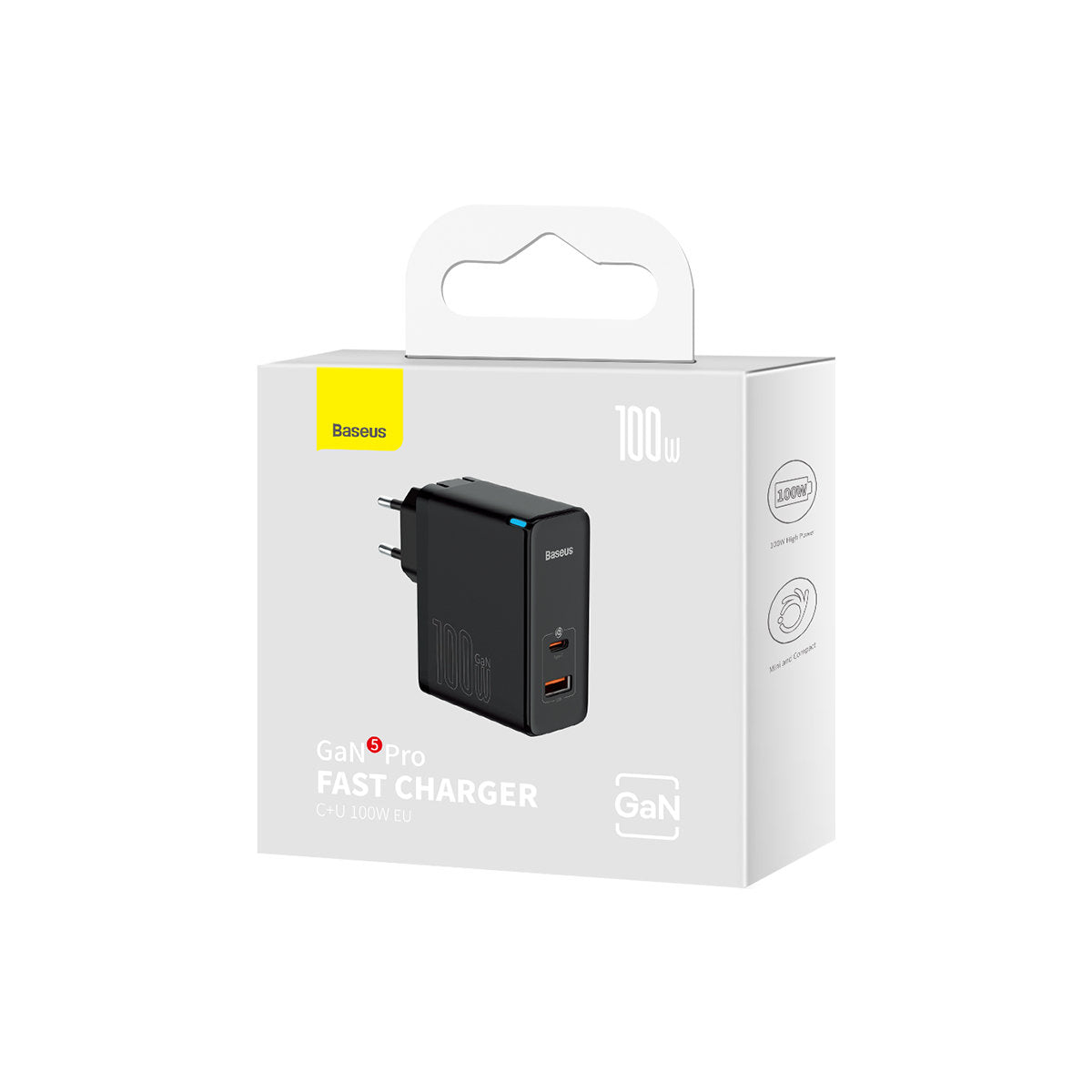 Caricabatterie Rete con Cavo USB-C Baseus GaN5 Pro, 100W, 3A, 1 x USB-A - 1 x USB-C, Nero CCGP090201