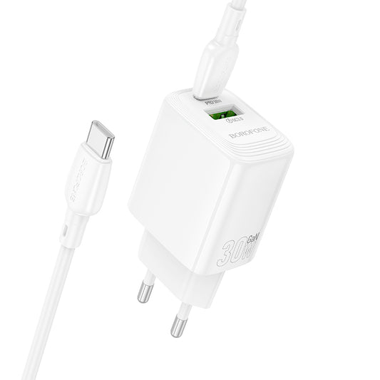 Caricabatterie Rete Con Cavo USB-C Borofone BN29 Fuente, 30W, 3A, 1 x USB-A - 1 x USB-C, Bianco
