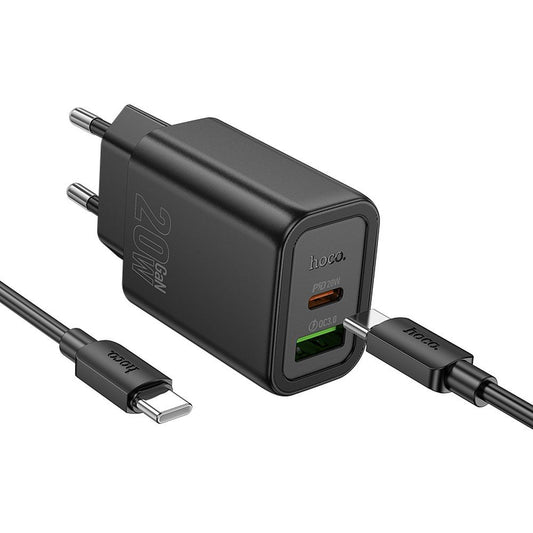 Caricabatterie da rete con cavo Lightning HOCO N61, 20W, 3A, 1 x USB-A - 1 x USB-C, Nero