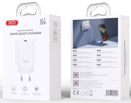 Network Charger with Lightning Cable XO Design CE33, 18W, 3A, 1 x USB-A, White