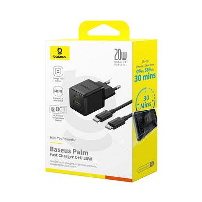 Caricabatterie da rete con cavo USB-C Baseus Palm, 20W, 3A, 1 x USB-A - 1 x USB-C, Nero P10111608113-01