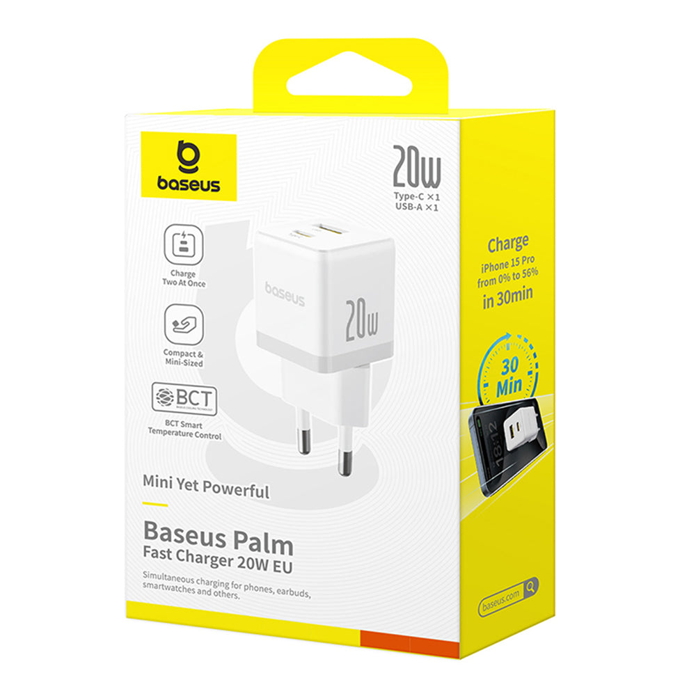 Caricabatterie da Rete con Cavo USB-C Baseus Palm, 20W, 3A, 1 x USB-A - 1 x USB-C, Bianco P10111608213-01