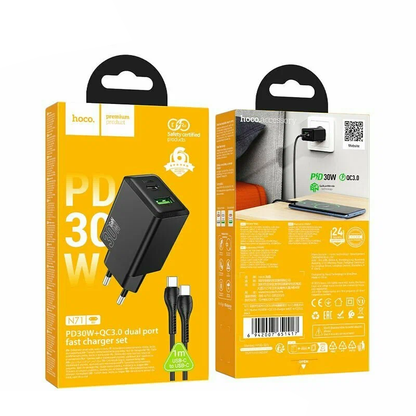 Caricabatterie da Rete con Cavo USB-C HOCO N71, 30W, 3A, 1 x USB-A - 1 x USB-C, Nero