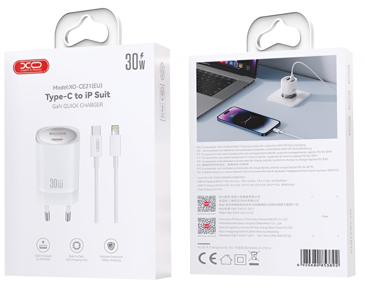 Caricabatterie da Rete con Cavo Lightning XO Design CE21, 30W, 3A, 1 x USB-A - 1 x USB-C, Bianco